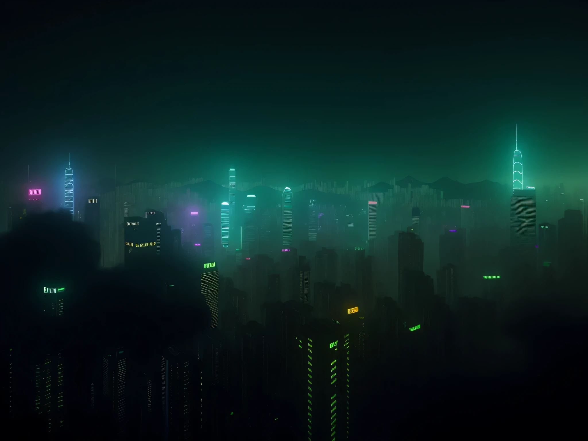 Night view of the city with skyscrapers and bridges, Hong Kong cyberpunk cityscape, cinematic neon matte painting, dystopian city skyline at night, vfx powers at night in the city, city like hong kong, Like《bladerunner》Scene in , luminescent matte painting, scifi nightscape,cyber punk style,There is a volumetric fog effect,More real,Ray traching,Ultra high quality,tmasterpiece,cinematic style