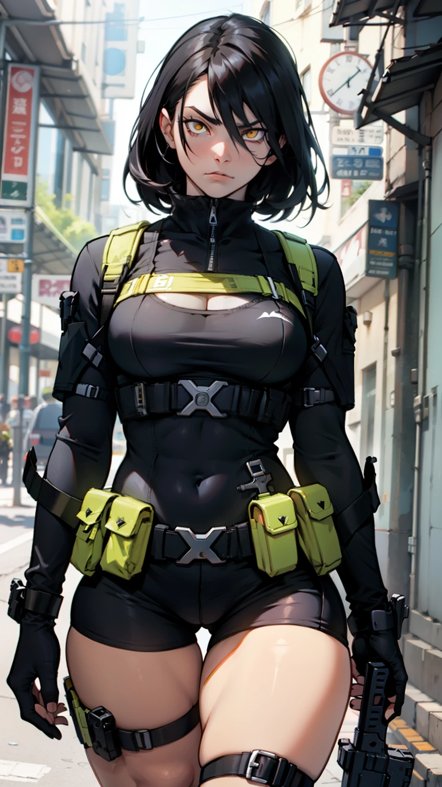 muscular girl thick thighs black hair yellow eyes pale sad weapon holster thick perky breasts tactical gear