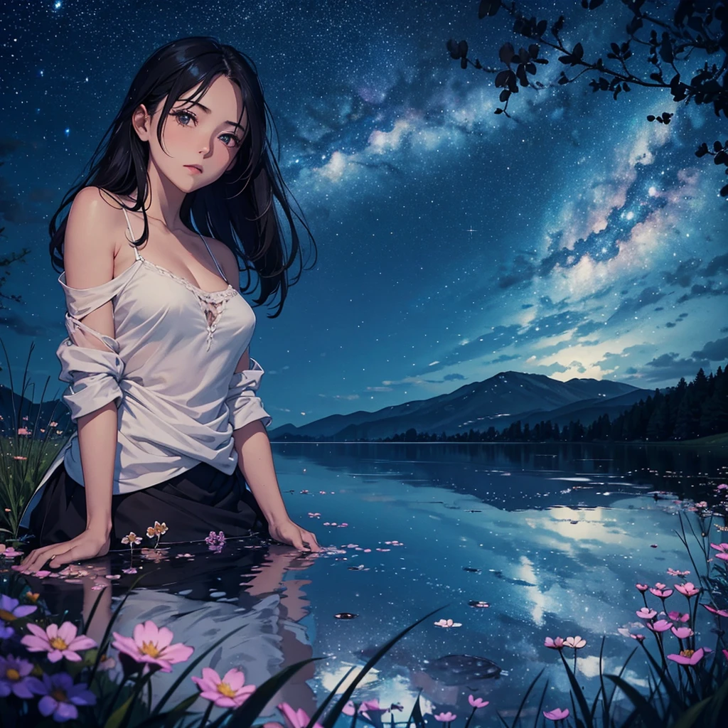 The sky was starry and the moon shone in all its glory. The stars were reflected in her eyes as she gazed at the vast night sky. She was lying on her back on a meadow, her arms outstretched to her sides.