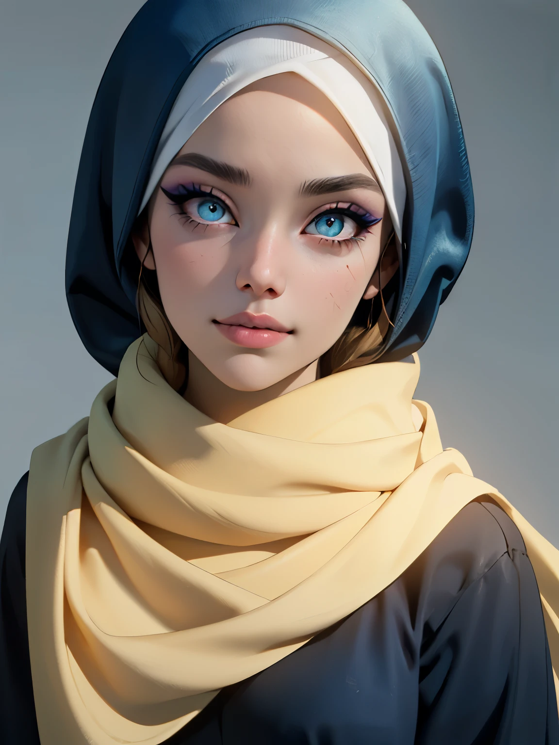 3dmm style, (Masterpiece), realistic, best quality, best lighting, extremely detailed artgerm, style artgerm, beautiful mature woman, 1 girl photo solo, beautifully makeup, eyeshadow, Parted Lips, Detailed Eyes, ((beautiful big eyes)), long eye lashes, dimples on the cheeks, smile, wearing silk hijab, ((Dark blue satin hijab)), loosely tide hijab style, shining silk, satin, blue satin, ((Blue satin shirt and satin long skirt)), (Close-up portrait), Front view, ((Standing Symmetric Centre)), facing the viewer, gray background.