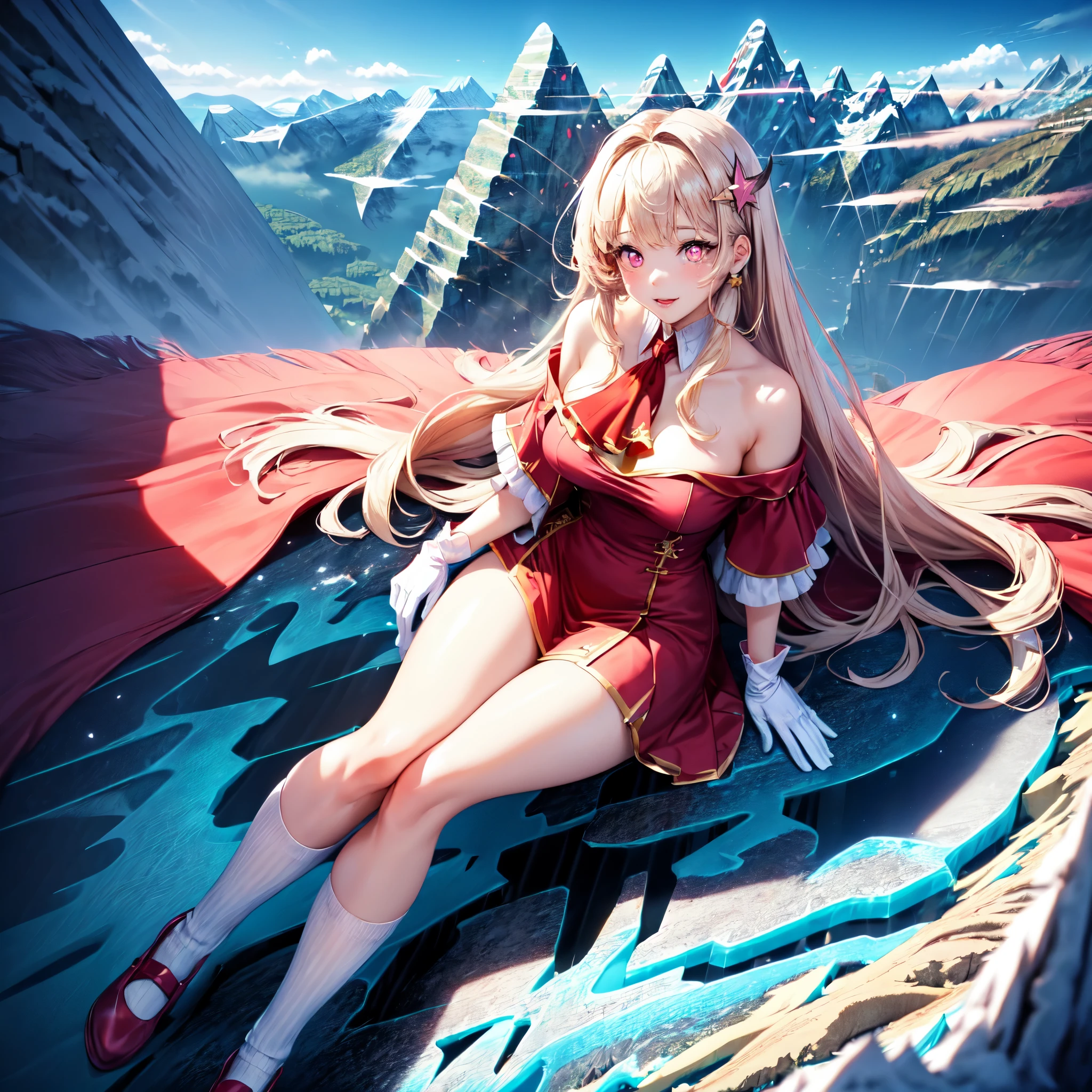official art, masterpiece, sharp focueautiful gorgeous cute Korean woman:1.3), (beautiful cute korean:1.3), (beautiful and aesthetic:1.4), korean beauty, Delicate and beautiful hair and eyes and face, realistic, ultra detailed, beautiful girl, blue sky, glow white particle, (sidelighting:1.2), sun light, white cloud, detailed clouds, slender, Lovely very large breasts and very large hips,showing pink slip and lovely lips, (((shy and aroused, pink Star-shaped pupils, pink eyes)), (((Cuteness:1.7)), scenery, long straight hair, sexy facial expression, build (Mountainscape:1.7), dynamic hair, blonde long straight hair, detailed hair, streaked hair, glow pink eyes, sitting elegant near rivers (shoulder strap+red Ascot dress+off shoulder blouse), white long socks, pale skin, epic scenery, hair ornament, Princess white gloves, appealing