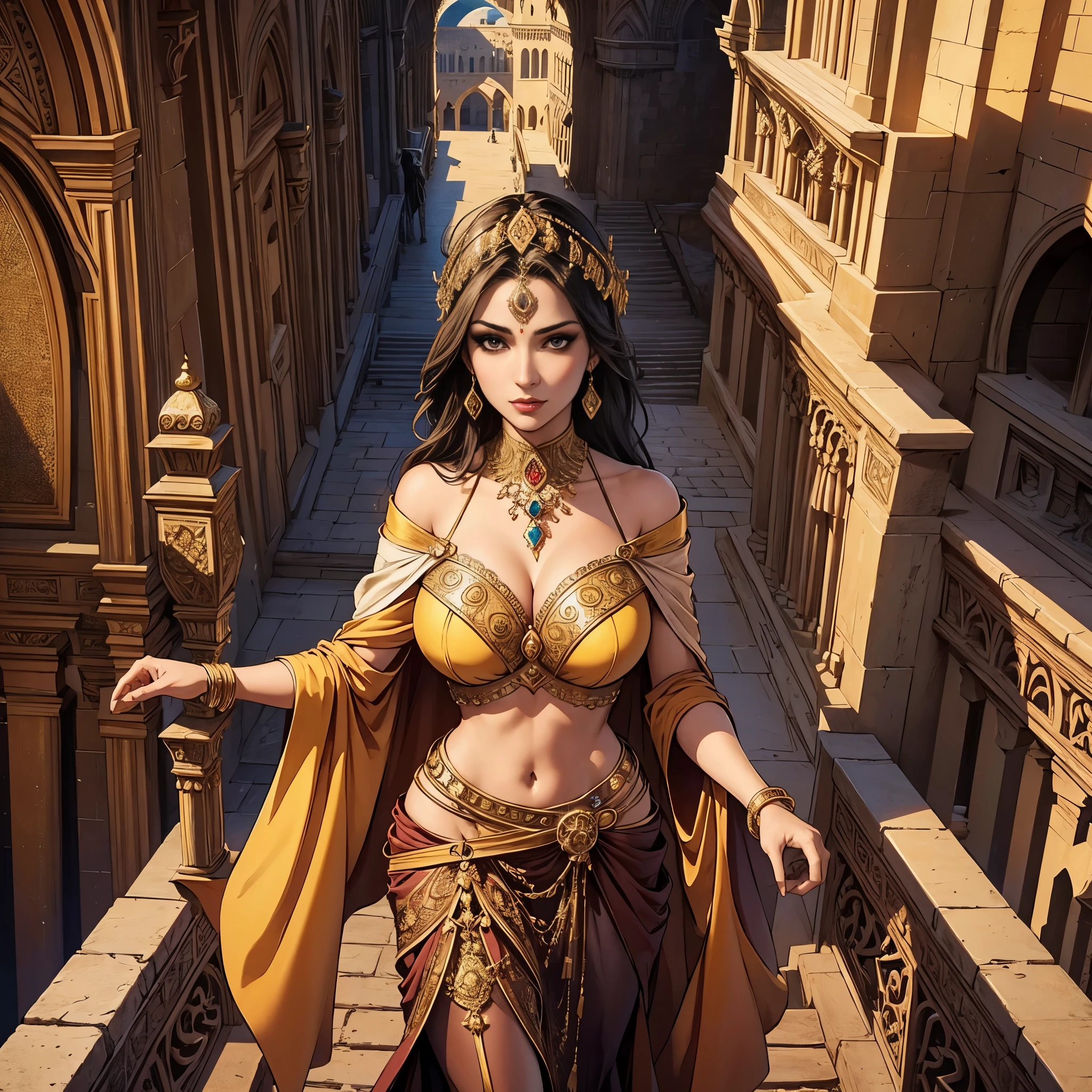 top view, Thirty years old beautiful exotic woman arabic, small breasts, turning away, elegant, noble merchant, cloaked, jewels, rich merchant, medieval fantasy setting, in a rich city district, medieval Roman style architecture, on a large pedestrian sandstone ((bridge)) above the city, intricate details, ornaments, masterpiece, confident, sunset atmosphere, epic scenery, urban city, dynamic lighting, large shot