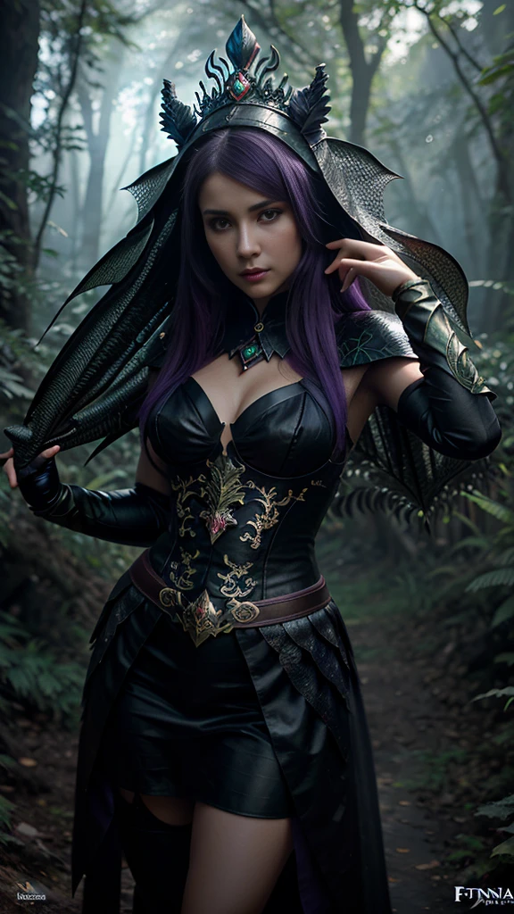 a beautiful Ukrainian woman with a dragon head and purple eyes stands in front of a forest, dragon queen, rainha de corpo sarado, the dragon girl portrait, dragon girl, mulher com seios grandes, Fantasia com detalhe 4K, elegant cinematic fantasy art, epic fantasy art portrait, epic fantasy digital art style, Arte de fantasia 4k, retrato de fantasia fosco detalhado, epic fantasy art style hd, epic fantasy art style