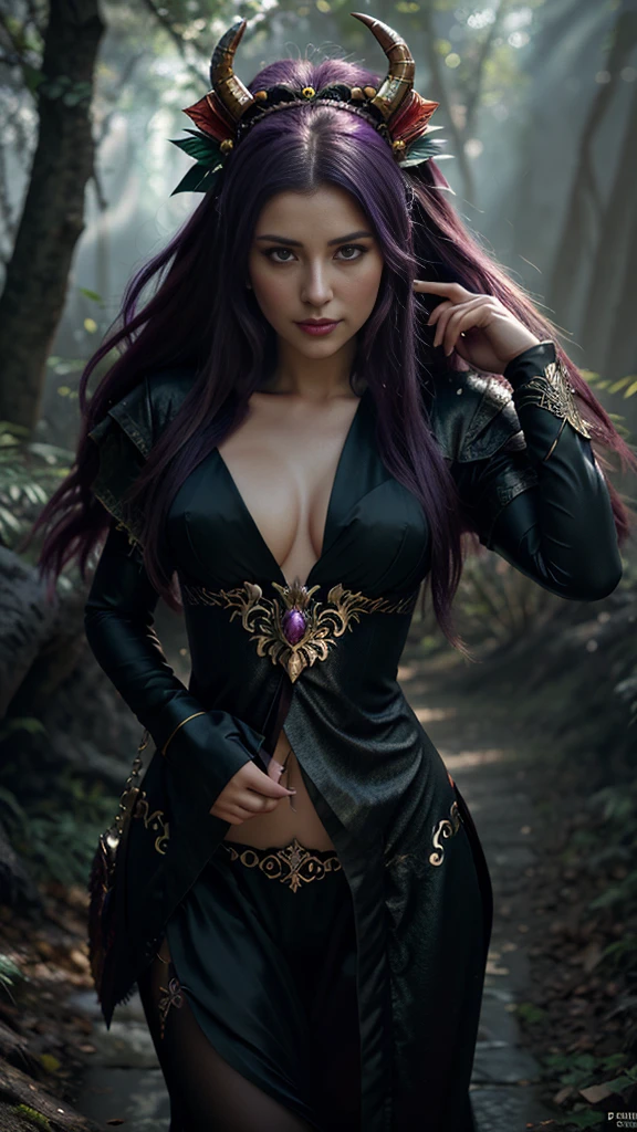a beautiful Ukrainian woman with a dragon head and purple eyes stands in front of a forest, dragon queen, rainha de corpo sarado, the dragon girl portrait, dragon girl, mulher com seios grandes, Fantasia com detalhe 4K, elegant cinematic fantasy art, epic fantasy art portrait, epic fantasy digital art style, Arte de fantasia 4k, retrato de fantasia fosco detalhado, epic fantasy art style hd, epic fantasy art style