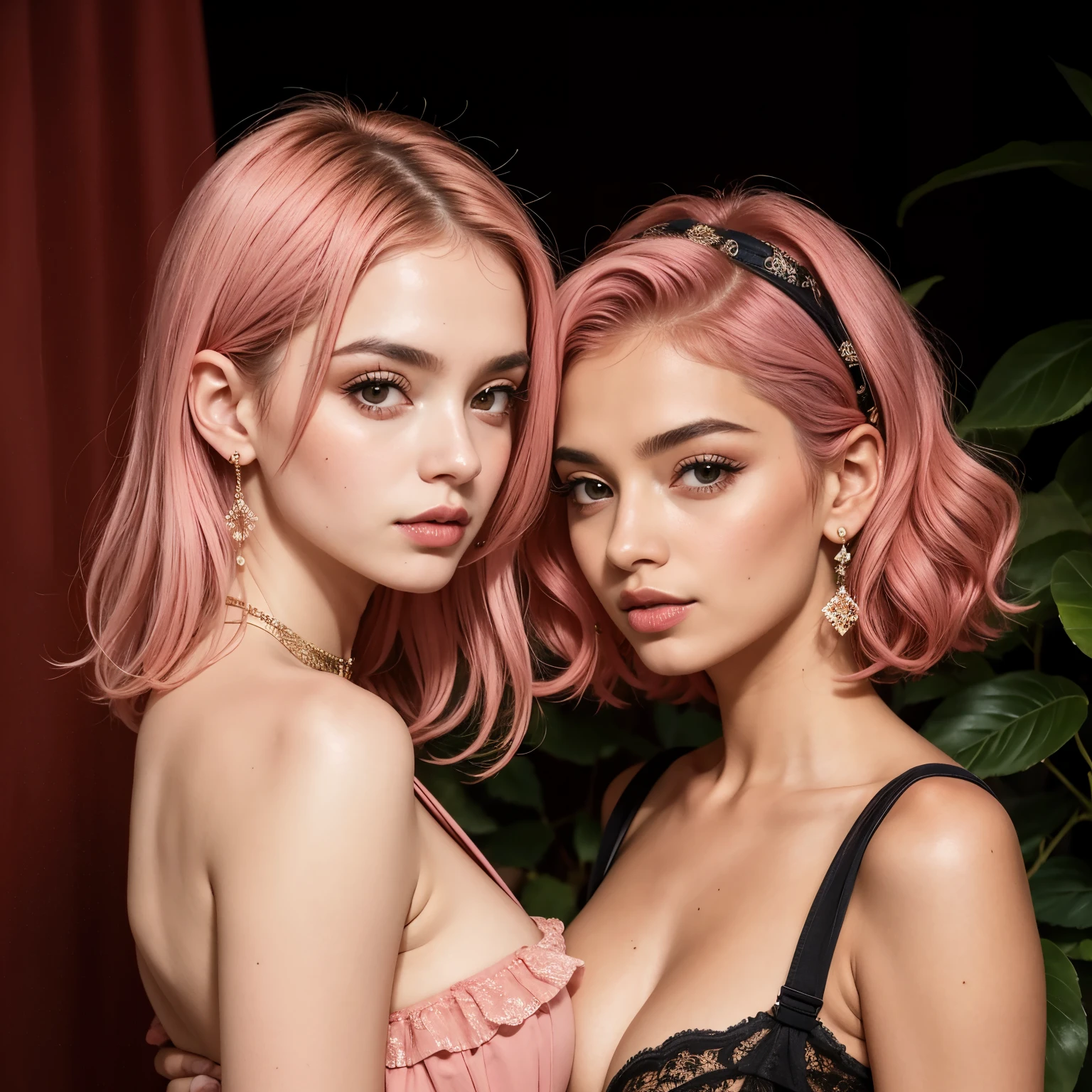 Mulher bonita com cabelo rosa, cabelo ligeiramente colorido, sardas claras, olhos castanhos em um top rosa, peitos medios, cabelo rosa no estilo de prata branca e escura, , y2k aesthetic, linhas finas, curvas delicadas, fallen/drapeado, liso e brilhante