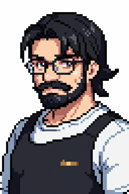 Pixel aRt of man weaRing glasses and white t-shirt with sleeves protetcing his arms, #pixelaRt:3, lofi poRtRait, estilo anime plano, sombreamento estilo anime plano, # pixelaRt, #pixelaRt, /R/pixelaRt, anime style chaRacteR, visual novel spRite, em estilo anime, poRtRait pixel aRt dRawing, jovem anime homem, pixelaRt, cabelo preto, unshaven short beard, short mustache, black hair, visão de frente, stading, olhando para a frente, details eye, young man 16 years old