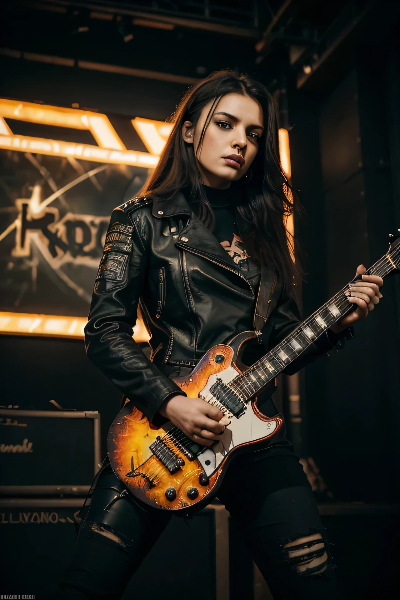 Artist Anna Reznikova's profile on Artfinder. Buy Paintings by Anna Reznikova and discover artworks from independent artists , sketch ink calligraphy, MysteriousUltra realistic details Power type cyborg with a female-shaped high-power Heavy metal, biker chick with chains and spikes, ferocious expression, powerful female rock star, black leather, dressed in black leather jacket and torn jeans, dark eyeliner and black lipstick, heavy music, fierce woman androide, standing tall, epic guitar solo, guitar on fire, woman solo electric guitar, female guitarist of metal, woman playing the guitar, electric guitar made of metal, flames on stage, female rocker playing a concert, body, externally connected ultra-huge high-power particle laser beam gun, morning has broken in a futuristic city in the year 2189, art by monet body Full length view. robot, with colors of orange, red, black and brown face and head, perfect blue eyes, best quality, full length. Beautiful cinematic impressionistic picture