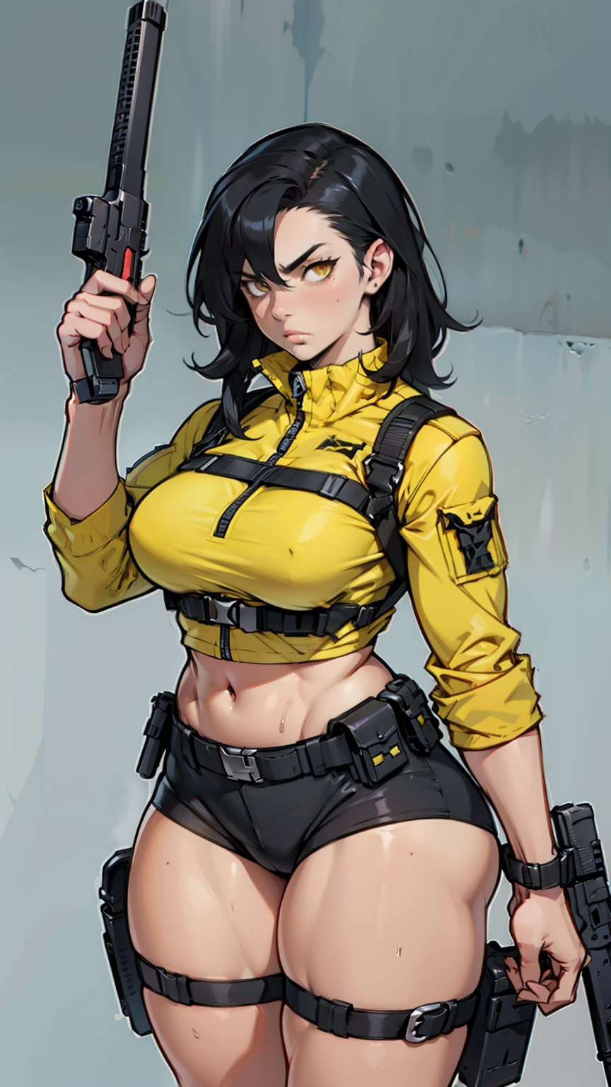 muscular girl thick thighs black hair yellow eyes pale sad weapon holster thick perky breasts tactical gear