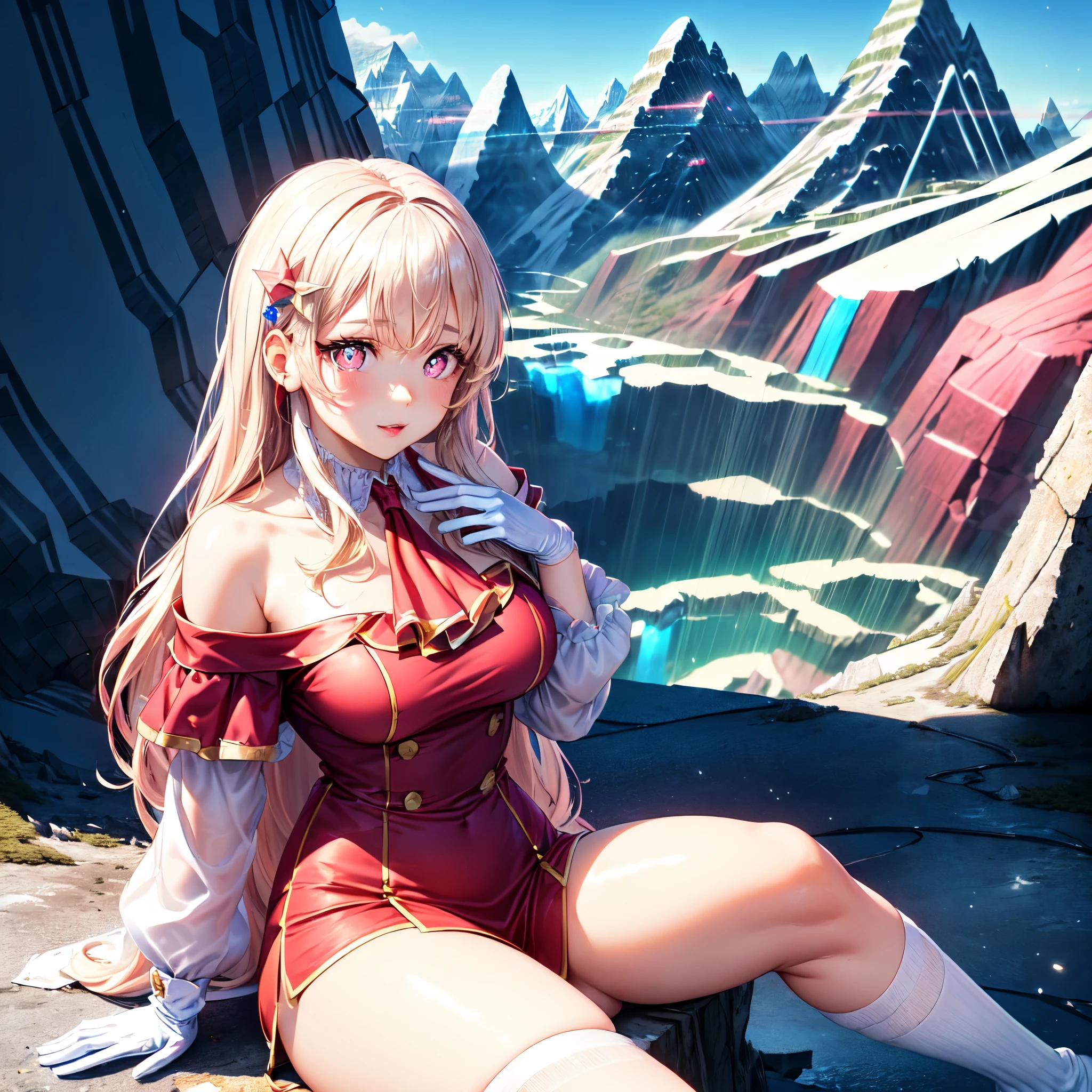 official art, masterpiece, sharp focueautiful gorgeous cute Korean woman:1.3), (beautiful cute korean:1.3), (beautiful and aesthetic:1.4), korean beauty, Delicate and beautiful hair and eyes and face, realistic, ultra detailed, beautiful girl, blue sky, glow white particle, (sidelighting:1.2), sun light, white cloud, detailed clouds, slender, Lovely very large breasts and very large hips,showing pink slip and lovely lips, (((shy and aroused, pink Star-shaped pupils, pink eyes)), (((Cuteness:1.7)), scenery, long straight hair, sexy facial expression, build (Mountainscape:1.7), dynamic hair, blonde long straight hair, detailed hair, streaked hair, glow pink eyes, sitting elegant near rivers (shoulder strap+red Ascot dress+off shoulder blouse), white long socks, pale skin, epic scenery, hair ornament, Princess white gloves, appealing