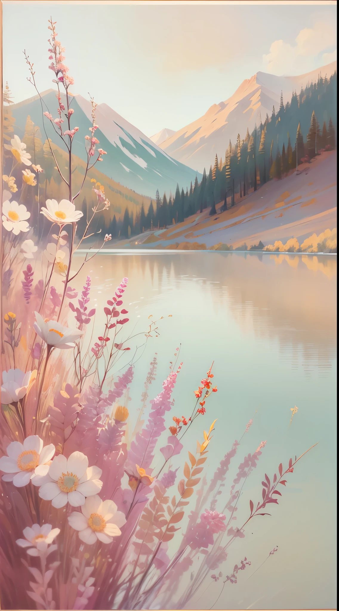 (simple,minimalistic,boho style,soft colors), oil painting, detailed brushstrokes, small canvas, peaceful scenery, delicate flowers, warm sunlight, dreamy atmosphere,distant mountains, tranquil lake, soft pastel tones, natural textures, subtle patterns, gentle curves, organic shapes, flowing lines, harmonious composition