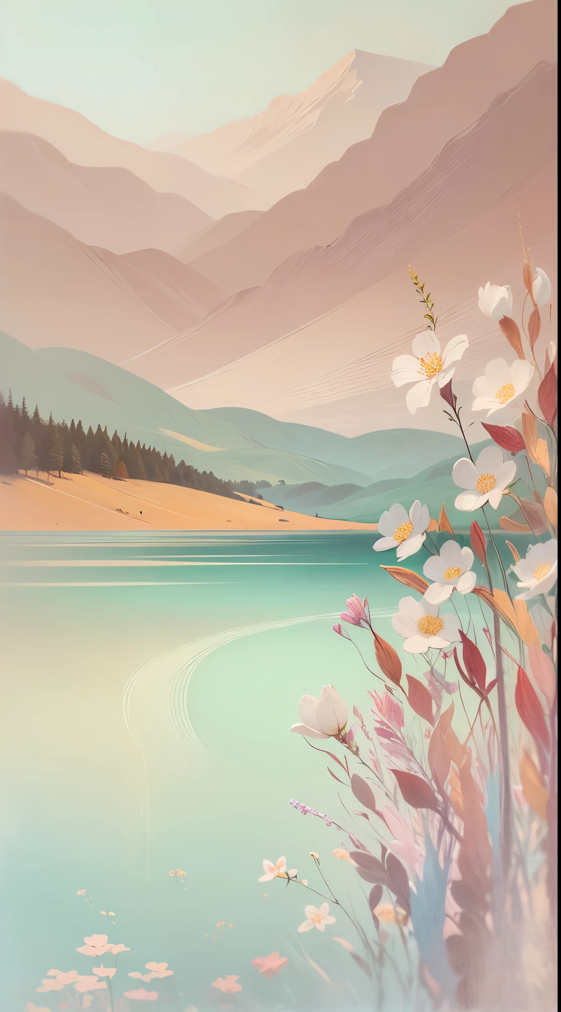 (simple,minimalistic,boho style,soft colors), oil painting, detailed brushstrokes, small canvas, peaceful scenery, delicate flowers, warm sunlight, dreamy atmosphere,distant mountains, tranquil lake, soft pastel tones, natural textures, subtle patterns, gentle curves, organic shapes, flowing lines, harmonious composition