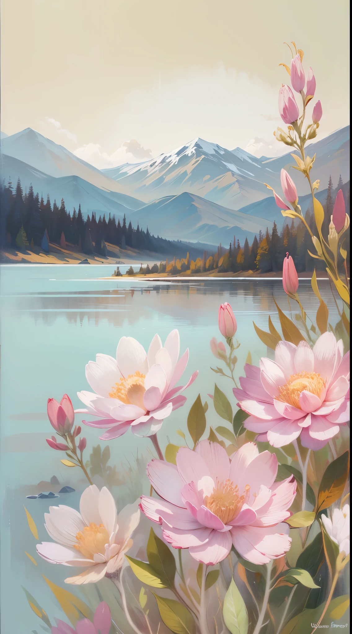 (simple,minimalistic,boho style,soft colors), oil painting, detailed brushstrokes, small canvas, peaceful scenery, delicate flowers, warm sunlight, dreamy atmosphere,distant mountains, tranquil lake, soft pastel tones, natural textures, subtle patterns, gentle curves, organic shapes, flowing lines, harmonious composition