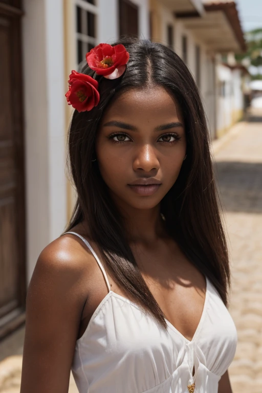 ((dark brown skin)), ((pretty face)), straight hair, natural, long hair, very long hair, ((crystal brown eyes: 1.2)), detailed eyes, ((beautiful eyes)), ((art, Ultra HD, 8k)), depth of field, street in bahia brazil, necklines, focus on the eyes, portrait, protruding breasts, specific skin, skin texture, sexy shoulders, golden tan, highly specific skin, long eyelashes, black mascara, ultra quality perfect face, best quality, high definition, beautiful woman, perfect, art finish,(( HD)), perfect face, perfect woman, work of art, delicate, dark skin, mulatto, fine feminine features, thin and beautiful nose, perfect, delicate mouth, dark eyes, detailed and realistic beautiful face, black hair, ((extremely beautiful Brazilian)),(( with a red flower in her hair)), dark skin, long straight hair blowing in the wind, with a red flower in her hair, short and simple white dress a little transparent, standing on a street in Bahia, looking at the spectator, inspired by the drama (Gabriela cravo e canela), northeast of Brazil, 1920s street, 1920s, in Bahia, Brazil, beautiful Brazilian mulatta, 1920s, Bahia