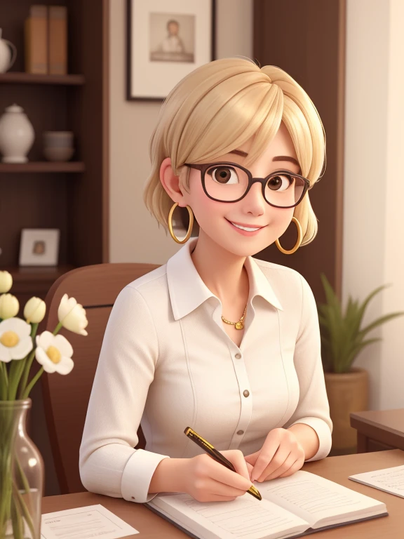 50-year-old woman, with short blonde hair,,,,, round face, round face e sorriso encantador, And brown eyes, wears clear frame glasses, small gold hoop earrings in the ears, white flowers in a vase、sitting at the table ,career counselor,two arms、Fill out a notebook in front of your body、We also accept consultations regarding work....,