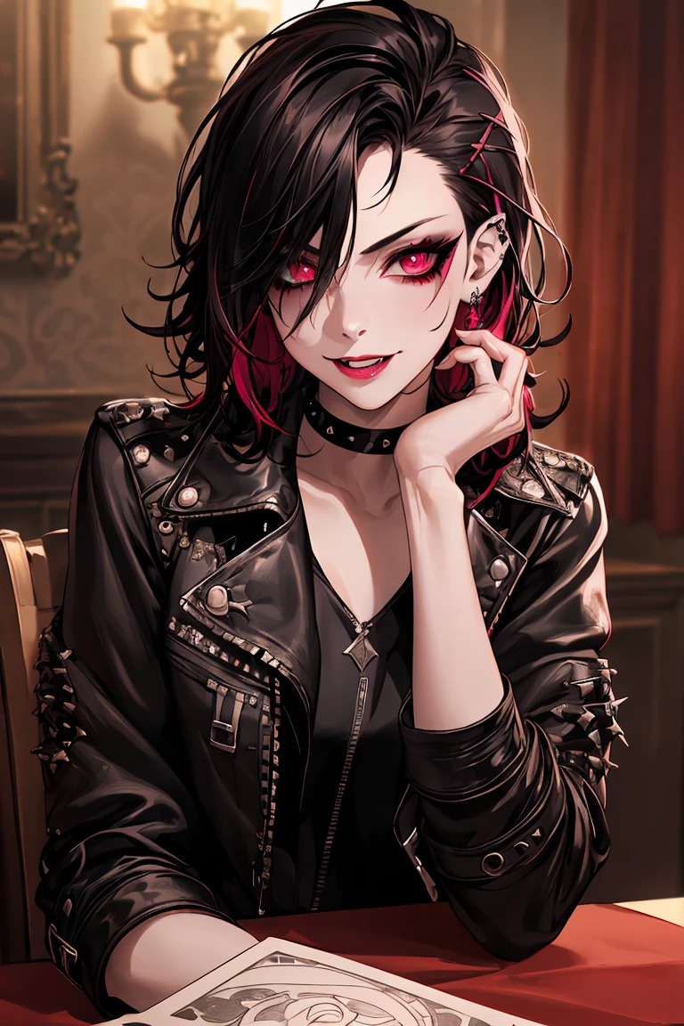 1girl, (masterpiece, best quality: 1.2), 8k, official art, absurdres, gothic, studded leather jacket and choker, pierced earrings, (smoky red eye shadow with glitter, pinkish red lips glazed :0. 9), very dark red background, HDR, facelight, ultra realistic, highres, photography, chromatic aberration, sharp focus, HDR, facelight, dynamic lighting, cinematic lighting, professional shadow, dark shadow, highest detailed, extremely detailed, ultra detailed, finely detail, real skin, delicate facial features, detailed face and eyes, sharp pupils, realistic pupils, (punk hair: 1.4) long curly black hair, punk hair, smiling, fangs in mouth, fangs poking out of mouth (sitting at table, tarot cards in hand, candles on table)
