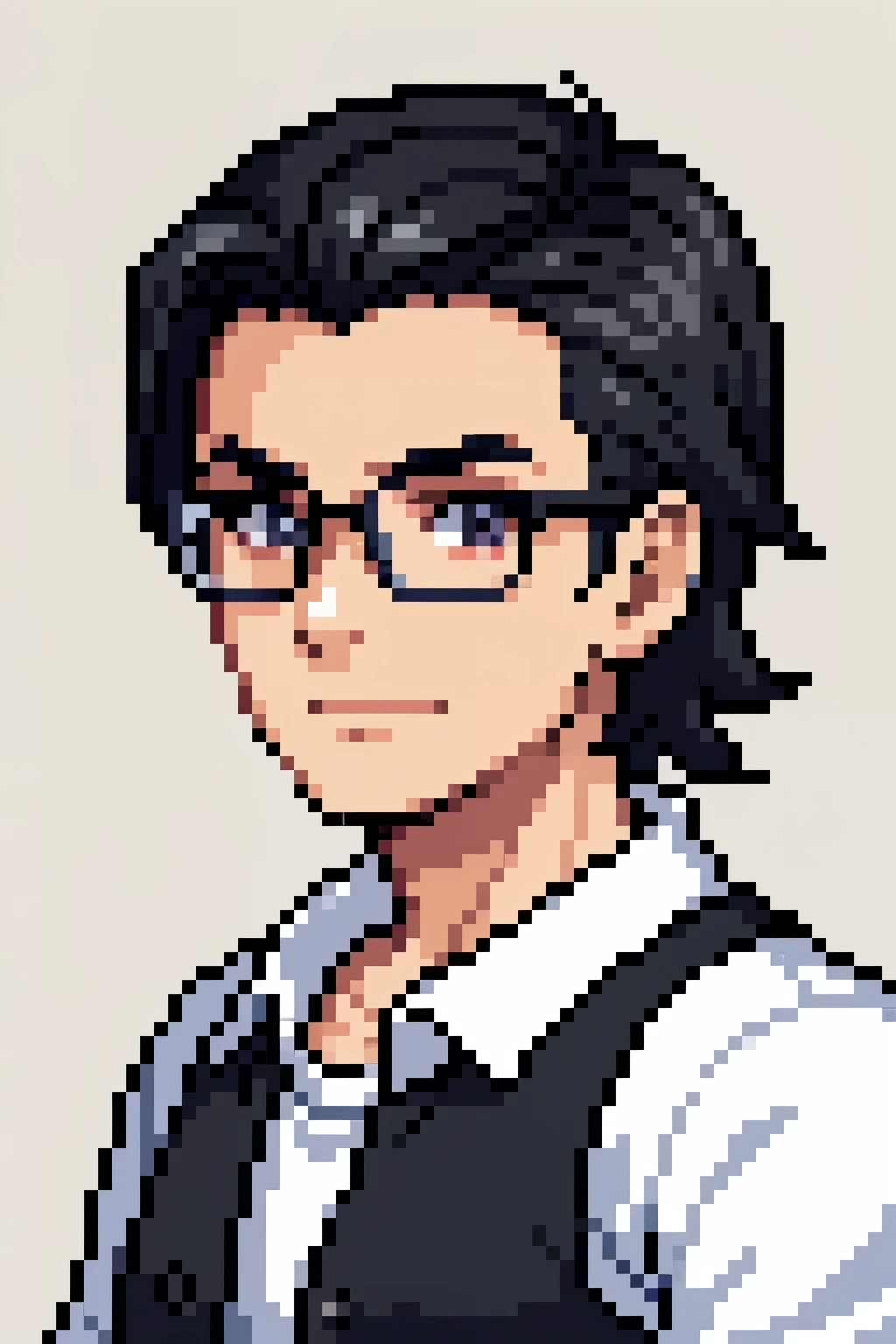 Pixel aRt of man weaRing glasses and white t-shirt with sleeves protetcing his arms, #pixelaRt:3, lofi poRtRait, estilo anime plano, sombreamento estilo anime plano, # pixelaRt, #pixelaRt, /R/pixelaRt, anime style chaRacteR, visual novel spRite, em estilo anime, poRtRait pixel aRt dRawing, jovem anime homem, pixelaRt, cabelo preto, black hair, hair slicked back, visão de frente, stading, olhando para a frente, details eye, young man 20 years old, young man