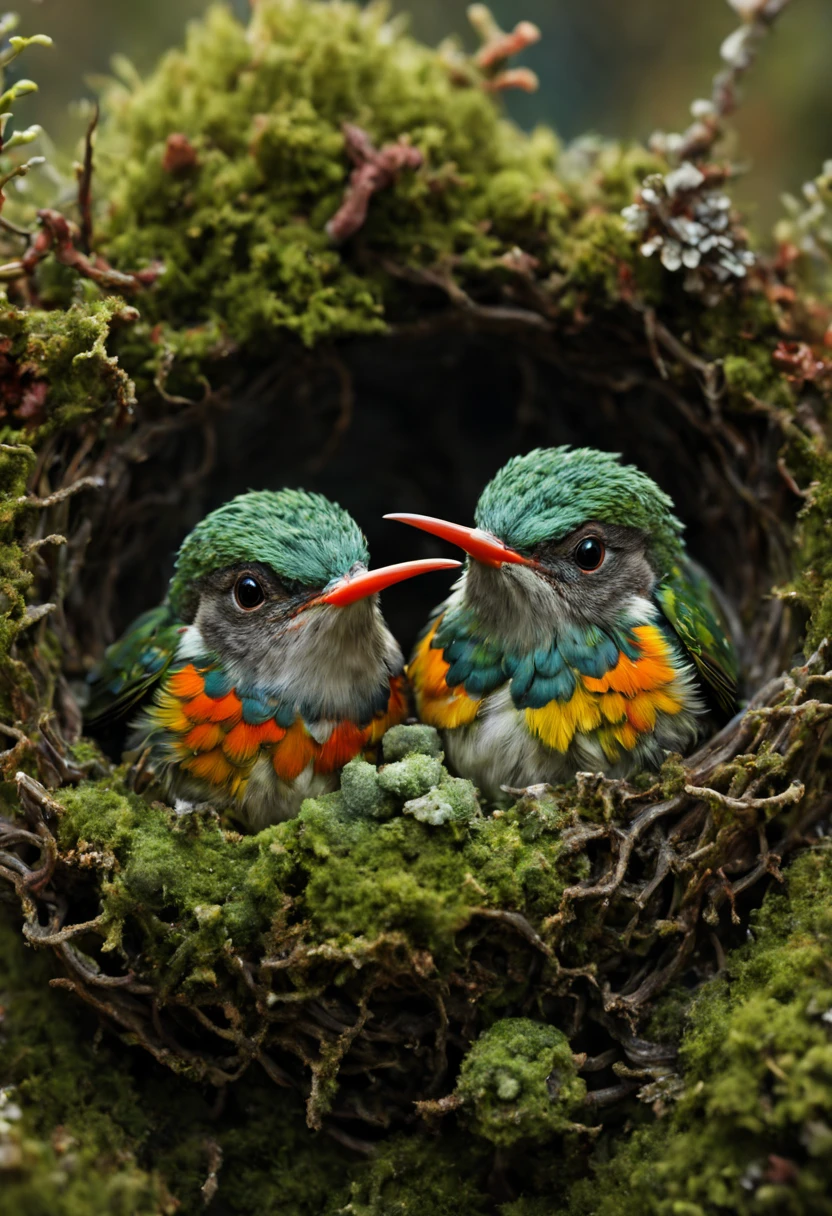 a high resolution professional macro photograph of a teacup sized moss and lichen covered hummingbird nest with two very small bright colorful hummingbirds inside, textured, highly detailed, realism, 8k resolution, fine detail, deep contrasting colors, texture, perfect composition, beautiful