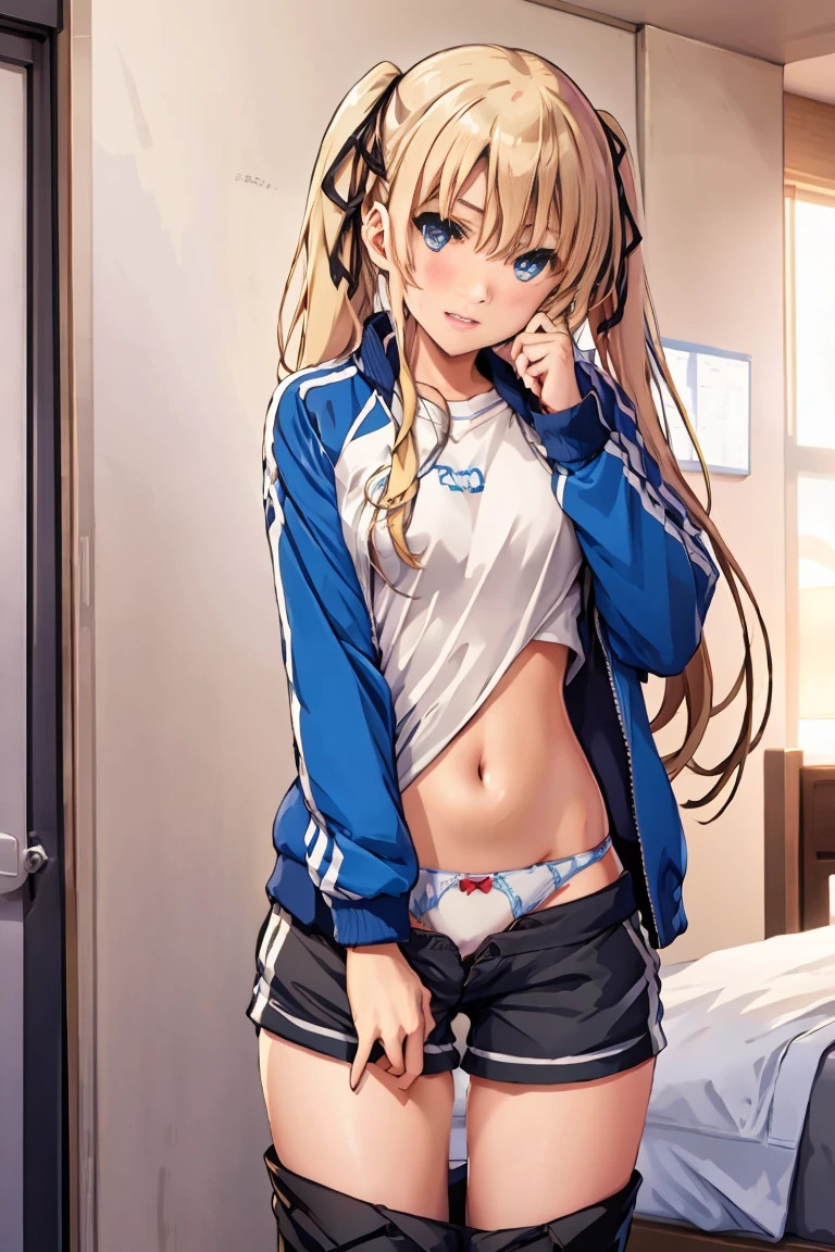 最高masterpiece,highest resolution,8k,Japanese anime,ticker_eriri, 1 girl, sawamura spencer eriri, alone, Thighhighs, blonde hair, twin tails, blue eyes, tooth, long hair, shorts, open your mouth, black Thighhighs, smile, letterman Jacket, hair ribbon, :d, Jacket, put your hand on your waist, black ribbon, indoss, brown shorts, skin tooth, blush, from below,detailed eyes,detailed lips,Detailed mouth,a lot of sweat
, (masterpiece:1.6, highest quality), (Beautiful detailed eyes: 1.2),shirt lift,pants pull,white panties,detailed panties,detailed hands,detailed fingers,Geek's Room,detailed background,in front of the bed