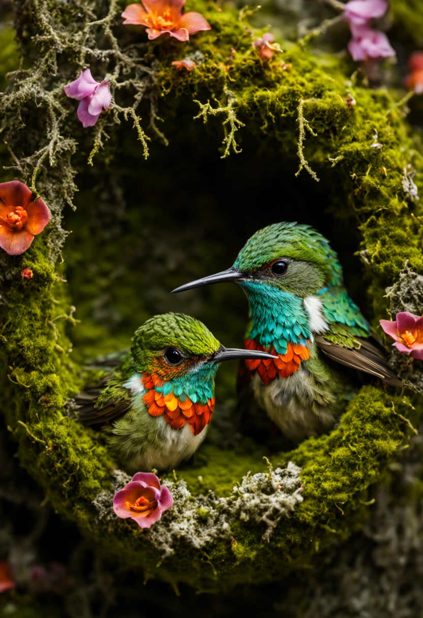 a high resolution professional macro photograph of a teacup sized moss and lichen covered hummingbird nest with two very small bright colorful hummingbirds inside, textured, highly detailed, realism, 8k resolution, fine detail, deep contrasting colors, texture, perfect composition, beautiful