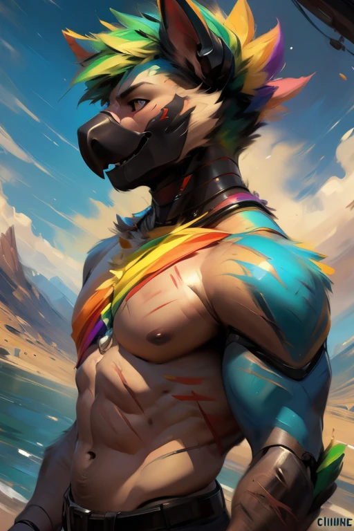 Parrot, animatronic robot, (by chunie, darkgem, juiceps, einshelm), scars, scratches, musk, musk clouds, rainbow-colored, the pride flag tattoo on bicep
