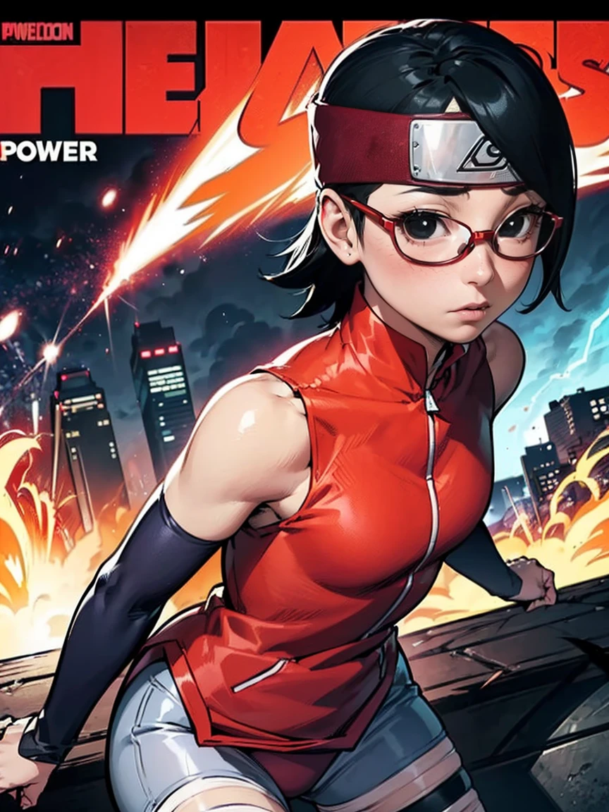 (Sarada Uchiha,Power Girl uniform,comic cover style)，Comic cover title,land of superheroes,CITY,Action,fight,(((comic cover style,Sarada Uchiha,short hair,black eyes)) ),explosions,purple,lightning,wearing prescription glasses,orange,red,pink,tactical clothing,small,((short hair,fighting,super hero outfit,confident expression))