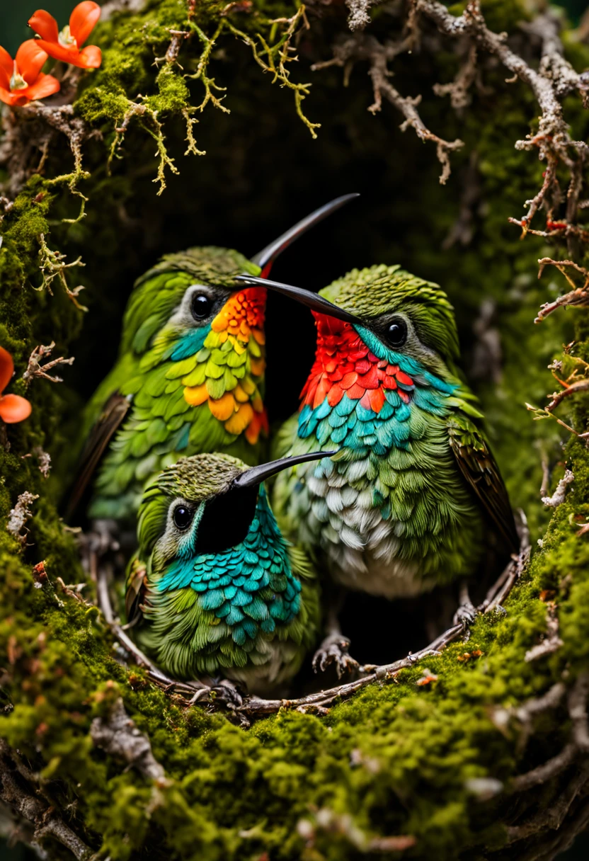 a high resolution professional macro photograph of a teacup sized moss and lichen covered hummingbird nest with two very small bright colorful hummingbirds inside, textured, highly detailed, realism, 8k resolution, fine detail, deep contrasting colors, texture, perfect composition, beautiful