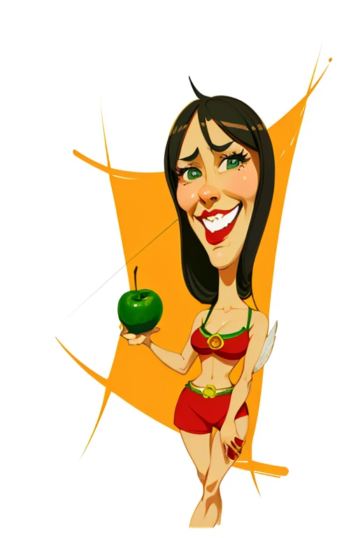 cartoon woman in a red bikini holding a green apple, Latina, caricatura illustration, retrato de darna moderno, em estilo cartoon, caricatura, cartoon illustration, caricatura style, caricatura!!!, she is eating a peach, Chibi, Rendering, hd illustration, official illustration, linda mulher mexicana bronzeada, Bali, she is a gourd, caricatura, cartoon style illustration