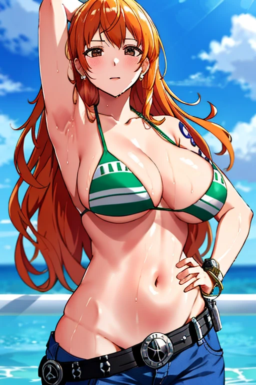 detailed background, masterpiece, 4K, best quality, 늦은 request소년, adult, wrestler body, 1 woman, Active, energetic, Uppercut, (Big mouth) , alone, Us \(One Piece\), 1 woman, bangle, (Very wet, Drenched in sweat, sweating all over, Very wet hair, tired, breathe, dehisce, exhausted, outcry, Sweaty face, sweaty body, Panting, sweating too much, Glittering sweat, sweaty armpits, trend, hands on hips, Serious, glaring), Perfect, detailed face, Draw bold lines, muscular arms, Detailed and thick arm lines, Flat chin, adult woman, wavy wide striped bangs, floating bangs, (Big cheeks), bare shoulders, off shoulder, belt, bikini, bikini top only, blue sky, bracelet, Elastic breasts, Breast line, Big round eyes, very large brown shiny eyes, foam, 높은 눈 stomach치, split, cloud, afternoon, request, earring, floating hair, shiny hair, green belt, green bikini, Thick groin line, requestpants, bijouterie, medium chest, Log Pose, long hair, looking at viewer, navel, wet hair, Orange hair, pants, shoulder Tattoo, side lock, sky, alone, standing, stomach, swimsuit, Tattoo , looking at viewer, dehisce, Detailed left arm, large forehead, hourglass shape, small head, A toned body, Broad head, wind effect, The Sun Effect, Under the sun, Narrow small ear angle, Previous, 무작stomach 포즈,