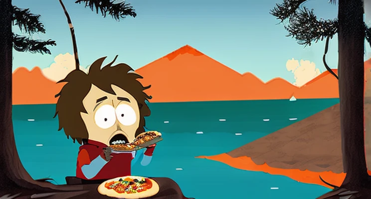 All the too much Zombie Kenny McCormick eating Nachos Pizza on Lake, South Park Style, artist by Kim Sujeong