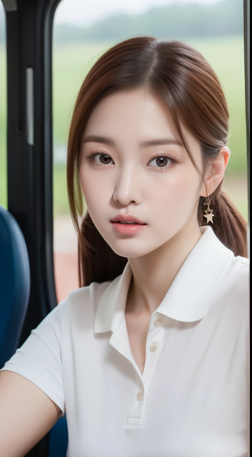 realistic photos of 1 cute Korean star, short ponytail, white skin, thin makeup, 32 inch breasts size, wearing polo shirt, in the bus, upper body portrait, UHD