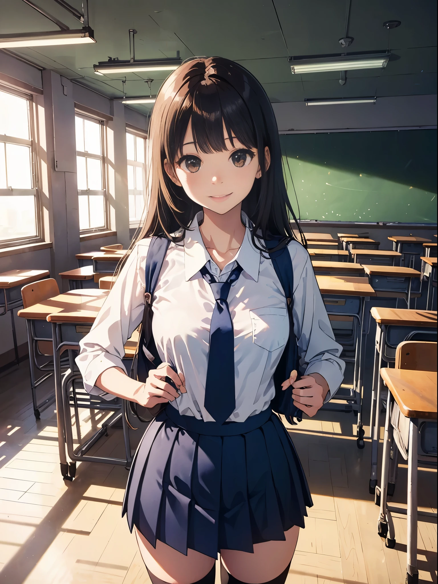 masterpiece, highest quality, beautiful illustrations,cowboy shot,(1woman,solo),25 year old beauty、brown hair、long hair ,blunt bangs,natural makeup、brown eyes,a smile,(perfect proportion,slender body,skinny,medium breasts,school clothes、navy blue tie、white collar shirt、navy pleated skirt、mini skirt、Black High Socks、daytime、sunlight、classroom、school building、Schools in Japan、