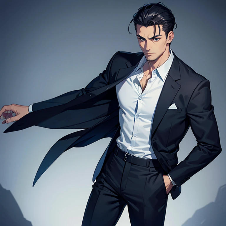 dark, and handsome male, professional attire, not so much a suit just a nice shirt and dress pants, dark blue eyes, black slick back hair