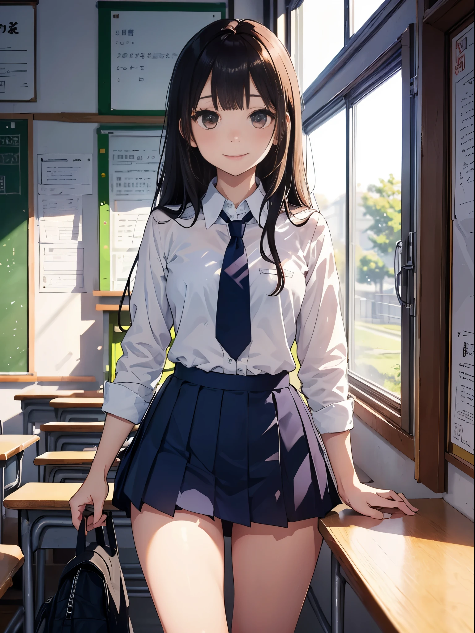 masterpiece, best quality, highly detailed, ultra high res, ayase arisa, 2girls, (mutiple girls), hair ornament, glossy lips, medium breasts, white shirt, collarbone, pleated miniskirt, thigh highs, school, classroom
