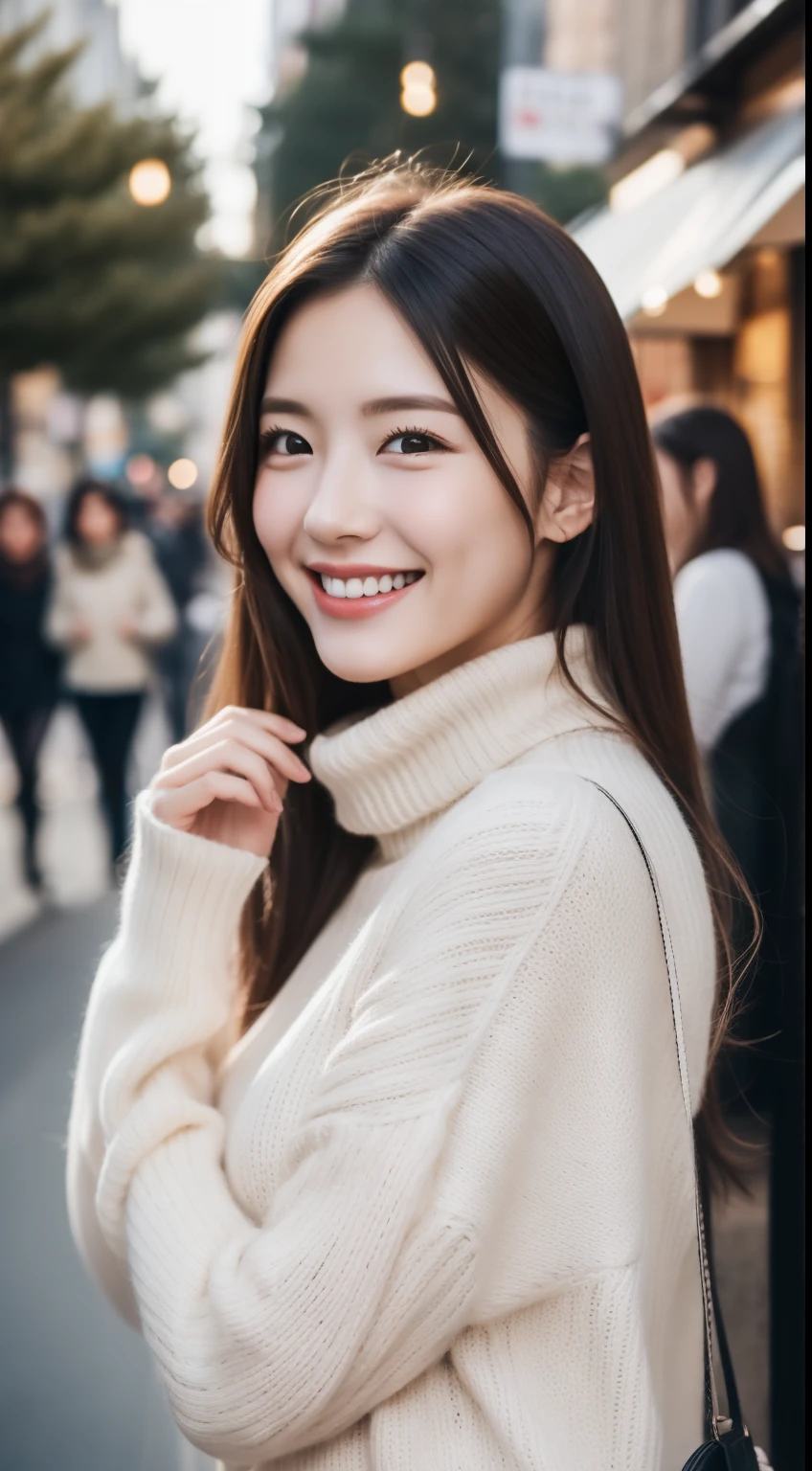 The face of a hostess、Wear a turtleneck sweater、hiquality、A hyper-realistic、healthy、Smiling expression、Slender perfect figure、Japan beautieautidful Ace Perfect、Beautiful skin、The upper part of the body、Christmas、Bustling street