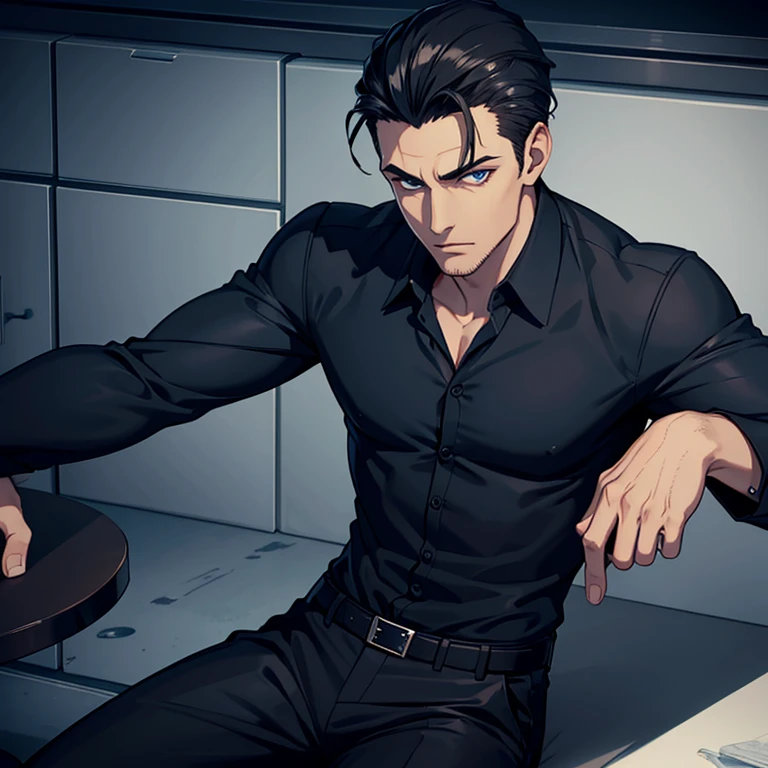 dark, and handsome male with a nice shirt and dress pants, dark blue eyes, black slick back hair