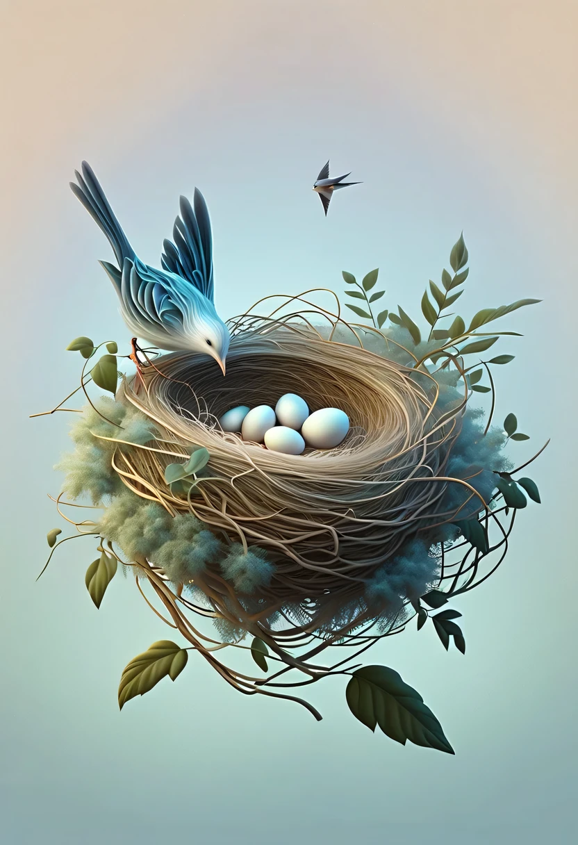 Nests，pastel tones，Light style，Comfortable and calm，nature，warm and cozy，garden，hyper detailed masterpiece, Dynamic, good quality,Floating Extra Large Ethereal Dream DonMW15pXL