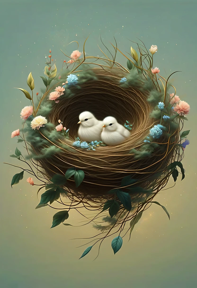 Nests，pastel tones，Light style，Comfortable and calm，nature，warm and cozy，garden，hyper detailed masterpiece, Dynamic, good quality,Floating Extra Large Ethereal Dream DonMW15pXL