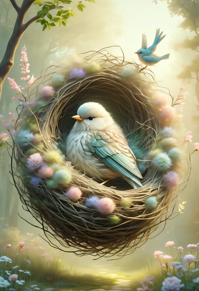 Nests,pastel tones,Light style,Comfortable and calm,nature,warm and cozy,garden,hyper detailed masterpiece, Dynamic, good quality,Floating Extra Large Ethereal Dream DonMW15pXL