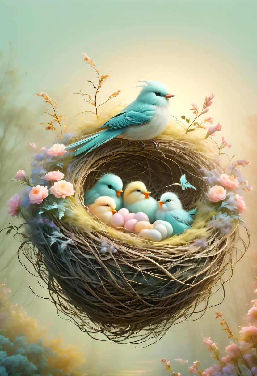 Nests,pastel tones,Light style,Comfortable and calm,nature,warm and cozy,garden,hyper detailed masterpiece, Dynamic, good quality,Floating Extra Large Ethereal Dream DonMW15pXL