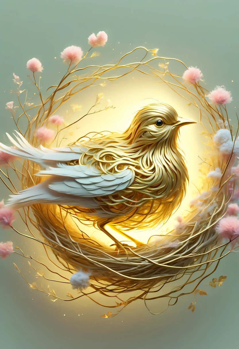 gold birds'lair,pastel tones,Light style,Comfortable and calm,nature,warm and cozy,garden,hyper detailed masterpiece, Dynamic, good quality,Floating Extra Large Ethereal Dream DonMW15pXL