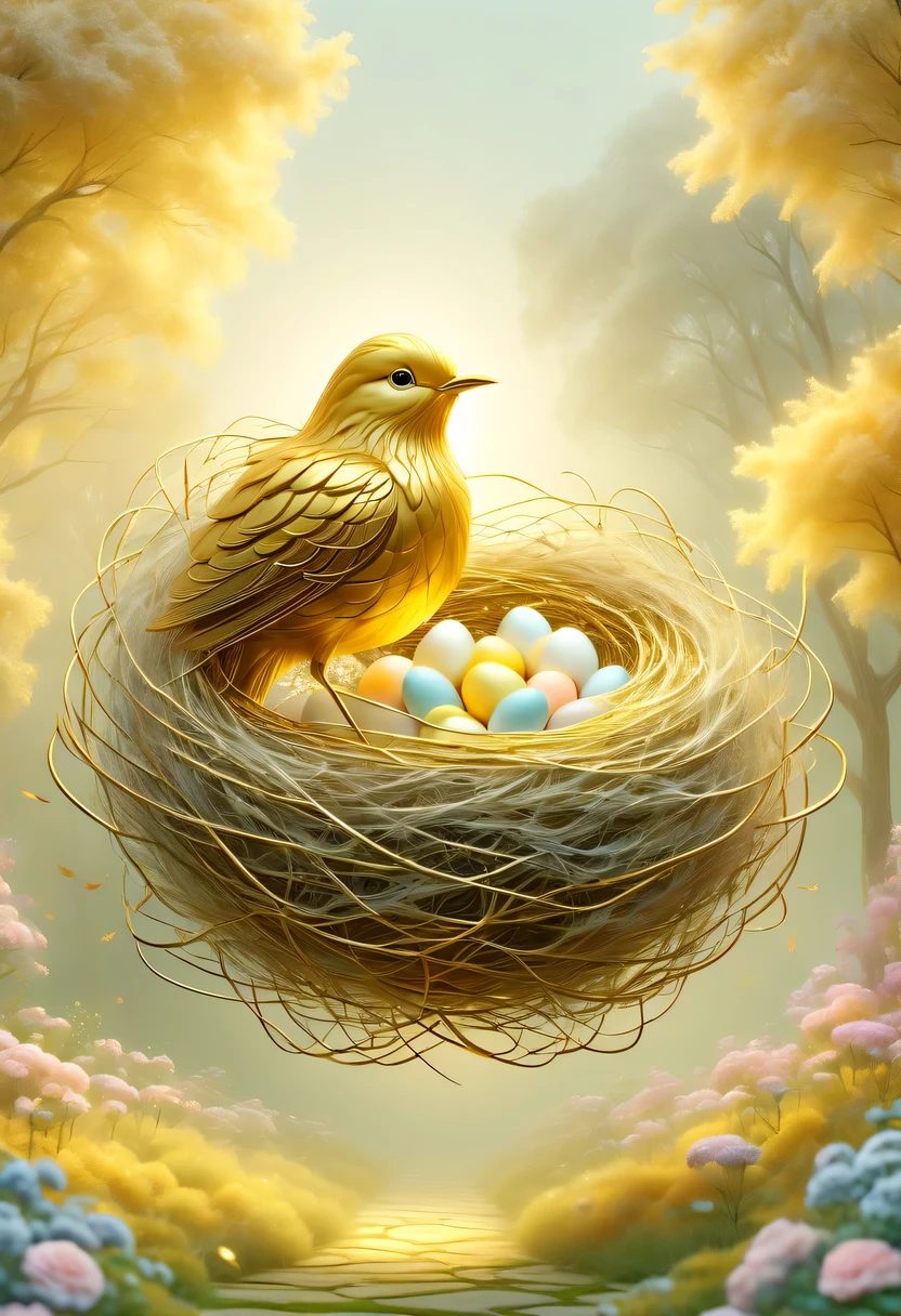 gold birds'lair,pastel tones,Light style,Comfortable and calm,nature,warm and cozy,garden,hyper detailed masterpiece, Dynamic, good quality,Floating Extra Large Ethereal Dream DonMW15pXL