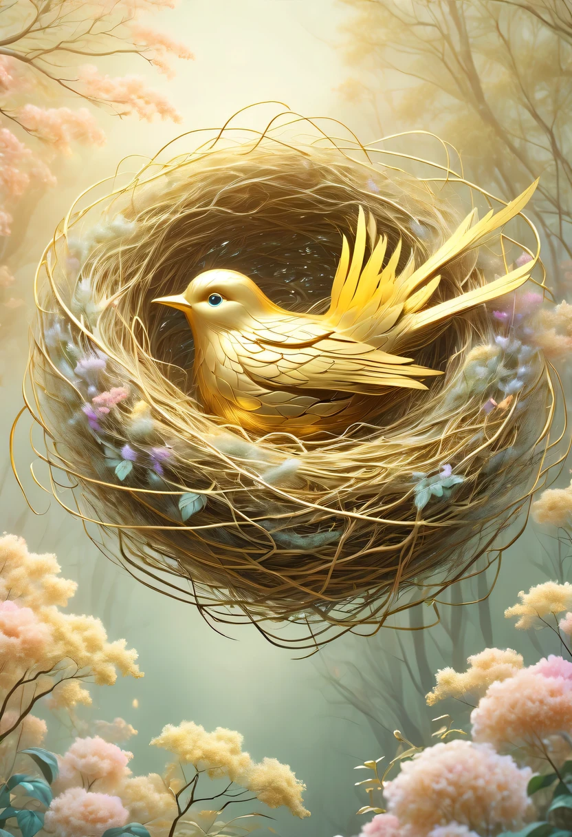 gold birds'lair,pastel tones,Light style,Comfortable and calm,nature,warm and cozy,garden,hyper detailed masterpiece, Dynamic, good quality,Floating Extra Large Ethereal Dream DonMW15pXL