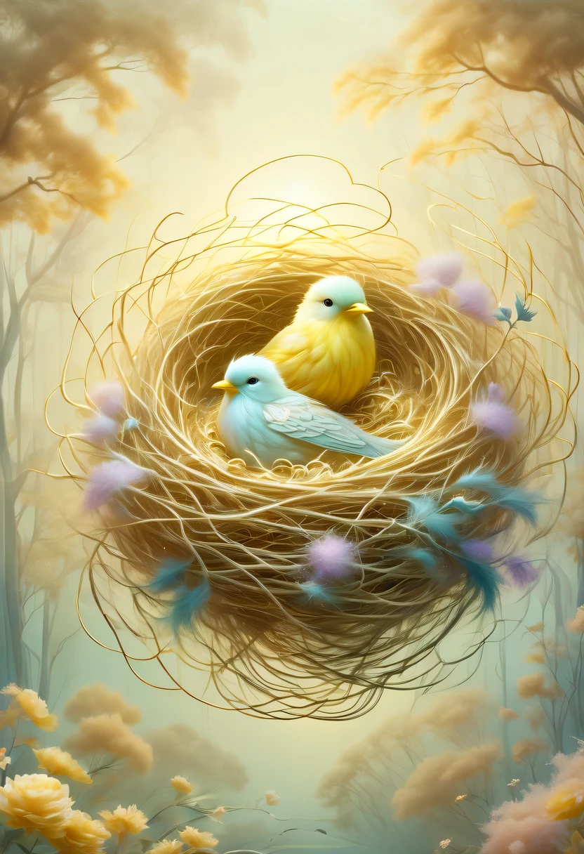 Nests，pastel tones，Light style，Comfortable and calm，nature，warm and cozy，garden，hyper detailed masterpiece, Dynamic, good quality,Floating Extra Large Ethereal Dream DonMW15pXL