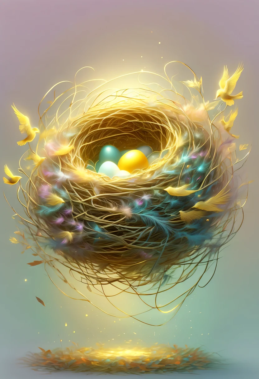 gold birds'lair,pastel tones,Light style,Comfortable and calm,nature,warm and cozy,garden,hyper detailed masterpiece, Dynamic, good quality,Floating Extra Large Ethereal Dream DonMW15pXL