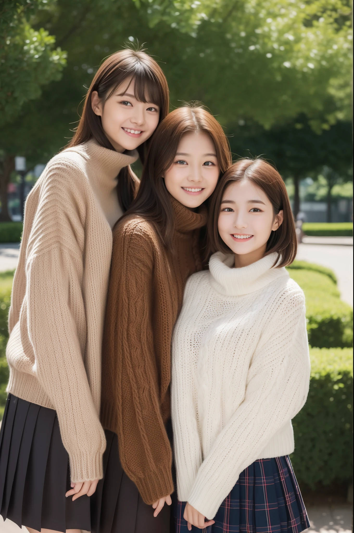 knit、turtle neck、Korea person、bobhair、Brown hair、Cat face、Oku Duplex、At the tip of the nose、Soft lips、Height 158cm、D-cups、Knitted clothes、Black skirt、full body Esbian、Skinny Legs、4K high image quality、Kim Min-ju、A smile、The background is a park、hi-school girl、High school students、a baby face、Young Face
