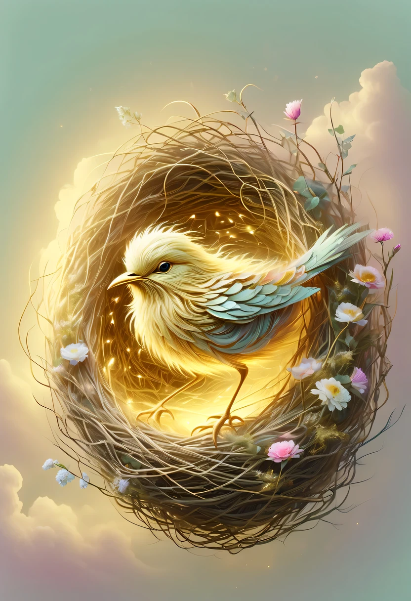 gold birds&#39;lair，pastel tones，Light style，Comfortable and calm，nature，warm and cozy，garden，hyper detailed masterpiece, Dynamic, good quality,Floating Extra Large Ethereal Dream DonMW15pXL  