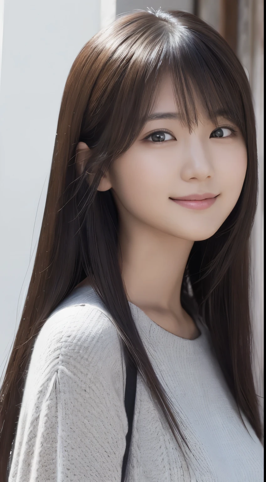 masterpiece, 1 beautiful girls, detaileds, Swollen eyes, top-quality, 超A high resolution, (现实: 1.4), OriginalPhotographs, 1Girl, 电影灯光, a smile, japanes, Asian beauty, Proper, very extremely beautiful, Young face, Beautiful skins, slender, simple background, (A hyper-realistic), (illustratio), (hight resolution), (8K), (ighly detailed), (The best illustrations), (beautifully detailed eyes), (ultra-detailliert), (wall-paper), (详细的脸), looking at the viewers, fine detailed, A detailed face、deep-shadows、Unobtrusive、pureerosfaceace_v1、Smile、46-point diagonal bangs、(Facing straight ahead)、Neat Clothing、Black colored eyes、