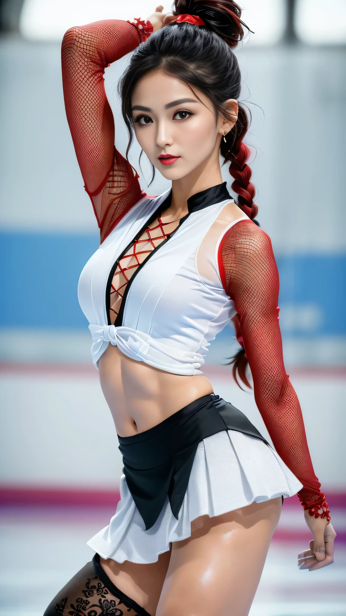 Ultra-realistic、 ultra-detailed primetime photo、 最high quality、 8K、highest level、 The ultra -The high-definition、(I encourage you to choose a subdued and perfectly coordinated background for your phenomenal, diverse random creation)、(((random color eyes:1.2)))、((hair is a different color than eyes, dynamic random fancy hairstyles:1.2))、1 female、real:167、photorealistic:1.67、very delicate and beautiful、fine details、(masterpiece)、 最high quality、(high quality)、 (absurdres)、 ((sharp fous))、(Super beautiful)、(beautiful face:1.5)、(detailed face:1.5)、(detailed eyes:1.2)、(detailed lips:1.2)、(detailed nose:1.2)、((He practices figure skating professionally:1.4))、((She's the only one skating on the rink:1.2))、((anatomically correct movements:1.4))、((Red&black fishnet mini budysuits:1.2))、((bare legs))、(White panties under the skirt:1.3)、(skating rink with spectators)、(At SFW:1.5)、 (dark shot:1.06)、 (Long 2blue_eyelashes:1.2)、 red_lipstick:1.3、((perfect round eyes))、(light_pink_makeup:1.1)、(matte skin:1.3)、(narrow waist:1.23)、 ((slim face:1.3))、(slim belly: 1.22)、((slim, well-muscled body:1.3))、(full medium breasts:1.22)、((very far shot: 1.5))、(((dynamic pose:1.3)))