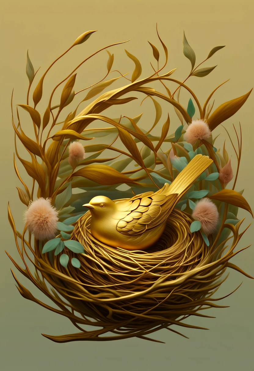 gold birds'lair,pastel tones,Light style,Comfortable and calm,nature,warm and cozy,garden,hyper detailed masterpiece, Dynamic, good quality,Floating Extra Large Ethereal Dream DonMW15pXL