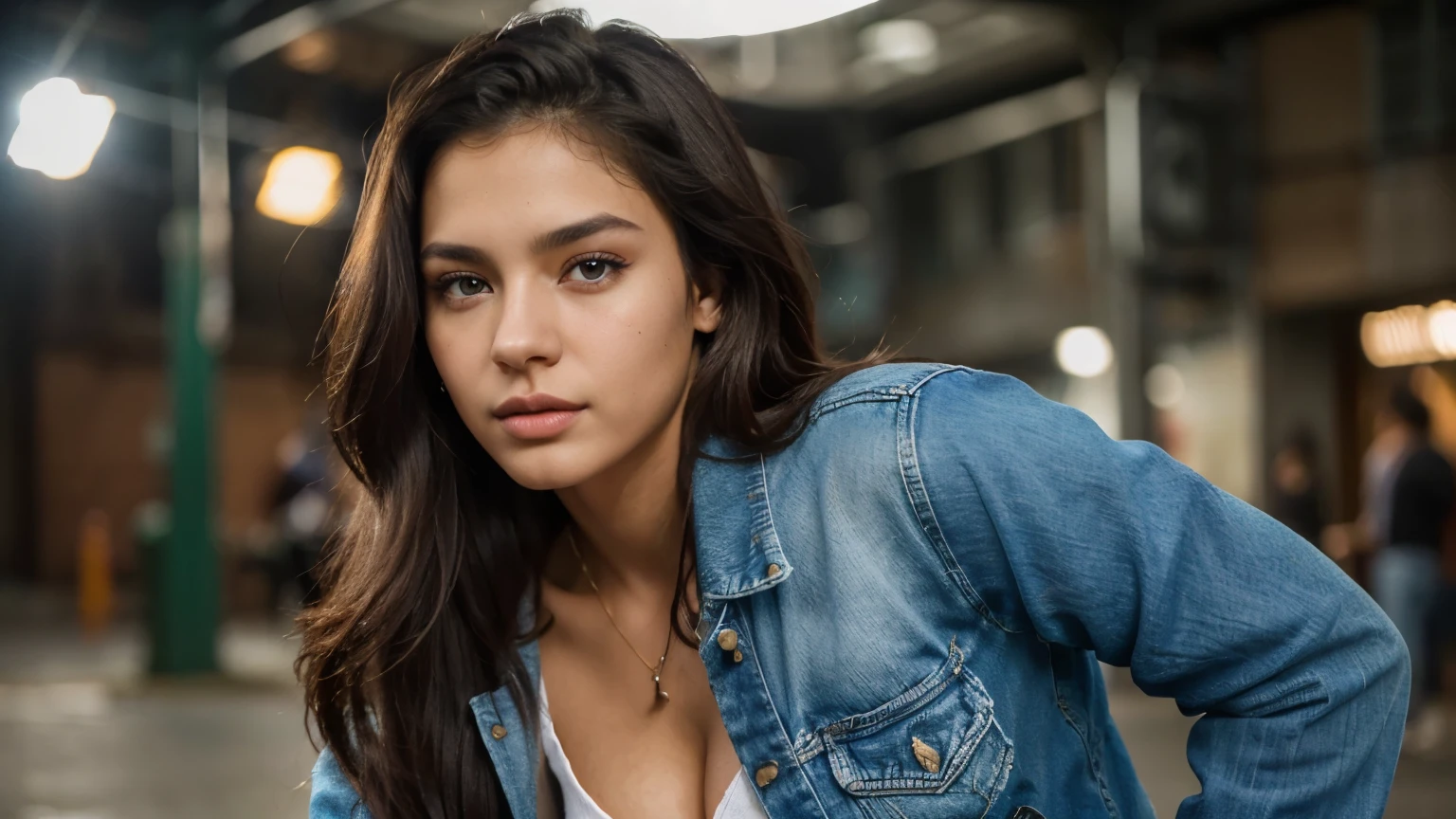 (brazilian,20 years old,Alessandra Lopez), blue eyes,dark long brown hair, full lips, seductive,portrait,realistic,highres,(vivid colors:1.1),(ultra-detailed:1.2),(studio lighting:1.1),(sharp focus:1.1), sexy, Street style in a vibrant city, wearing a denim jacket, posing confidently with a serious expression.
